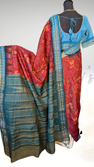Handloom vidharbha tussar pichwai print tussar silk saree  online and prestitched blouse