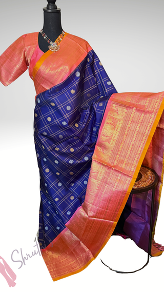 Pure Gadwal silk checks  saree pure zari  dark blue to pink gold zari silk saree