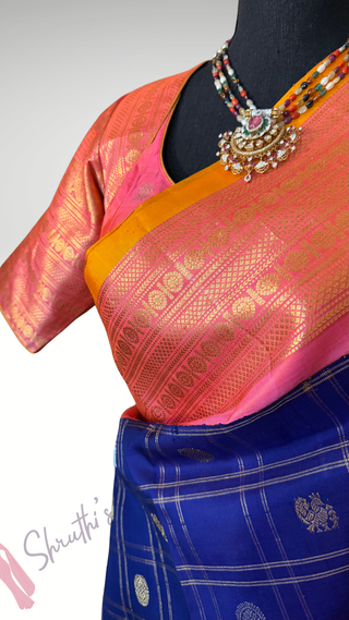 Pure Gadwal silk checks  saree pure zari  dark blue to pink gold zari silk saree