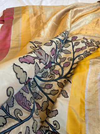 Pure soft silk with Hand painted Pen Kalamkari applique work on the saree with stitched blouse zari border partywear pooja wear Easy drape ready to ship silk saree USA