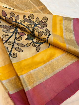 Pure soft silk with Hand painted Pen Kalamkari applique work on the saree with stitched blouse zari border partywear pooja wear Easy drape ready to ship silk saree USA