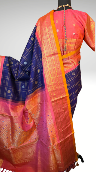 Pure Gadwal silk checks  saree pure zari  dark blue to pink gold zari silk saree