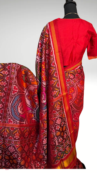 Pure red  Patan Patola Silk Saree White Red pure silk saree silk finish with stitched blouse Partywear pooja wear ready to ship Saree USA