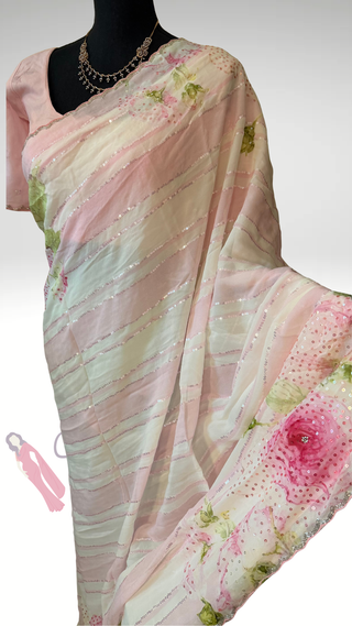 Pink  Sequin floral Partywear georgette saree digital print with prestitched blouses