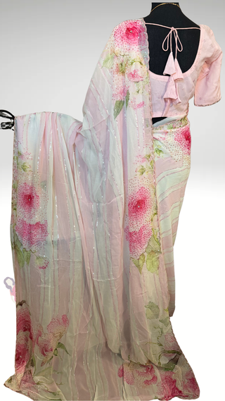 Pink  Sequin floral Partywear georgette saree digital print with prestitched blouses