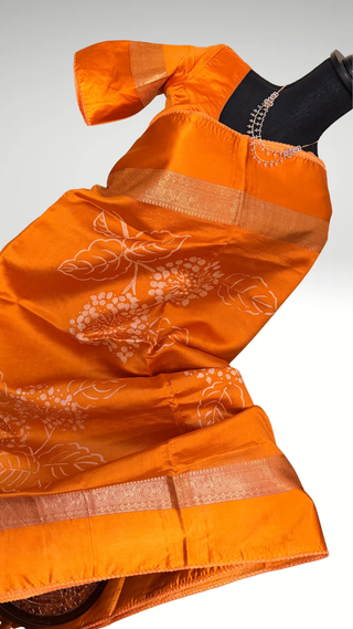 Orange Handloom Banaras raw mango silk Pure Silk Saree with Gold Zari Border – Ready to Wear Online USA