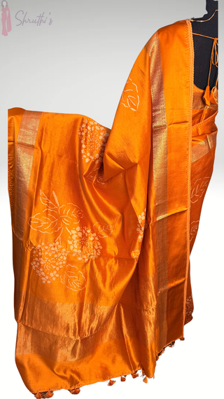 Orange Handloom Banaras raw mango silk Pure Silk Saree with Gold Zari Border – Ready to Wear Online USA