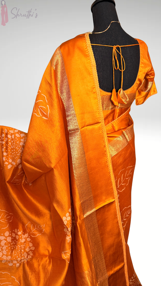 Orange Handloom Banaras raw mango silk Pure Silk Saree with Gold Zari Border – Ready to Wear Online USA