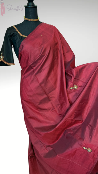 Maroon and black Pure kanjivaram silk saree with hand embroidered gemstone blouses