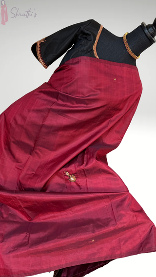 Maroon and black Pure kanjivaram silk saree with hand embroidered gemstone blouses
