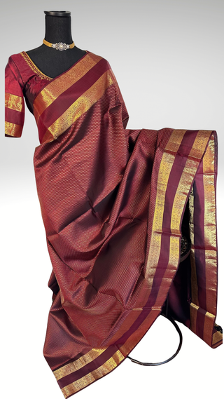Dark coffee brown  kanjivaram pure zari fine weave handwoven easy drape online shopping with  stitched blouse usa