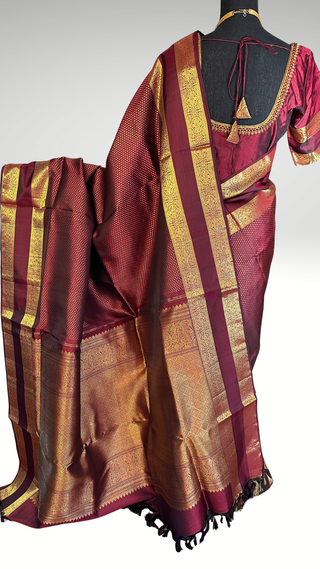 Dark coffee brown  kanjivaram pure zari fine weave handwoven easy drape online shopping with  stitched blouse usa