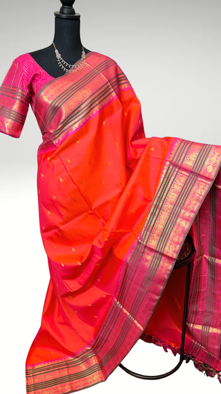 Orange gold zari Kanchipuram silk saree online shopping vintage revival borders with stitched brocade blouse