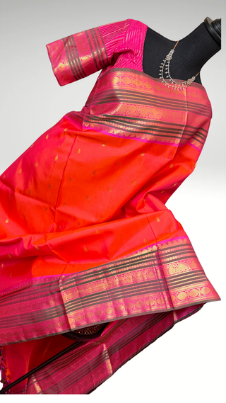 Orange gold zari Kanchipuram silk saree online shopping vintage revival borders with stitched brocade blouse