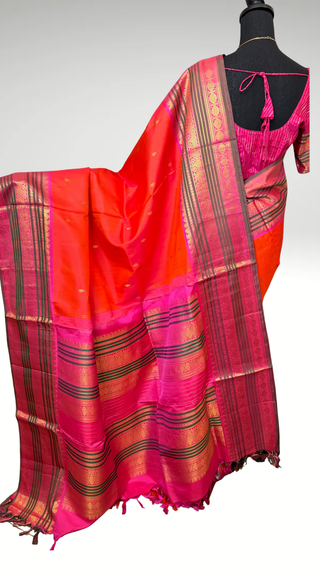 Orange gold zari Kanchipuram silk saree online shopping vintage revival borders with stitched brocade blouse