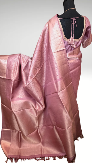 Pastel mauve silver zari kanjivaram silver zari with stitched blouse.
