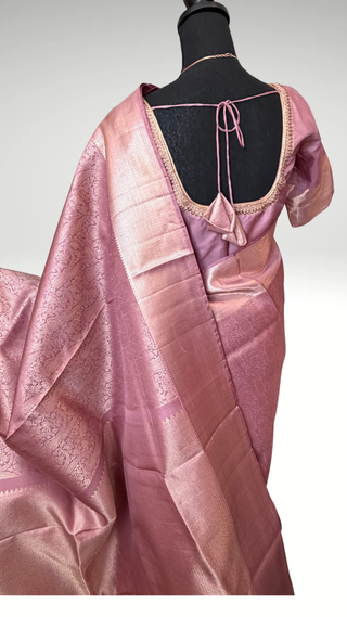 Pastel mauve silver zari kanjivaram silver zari with stitched blouse.