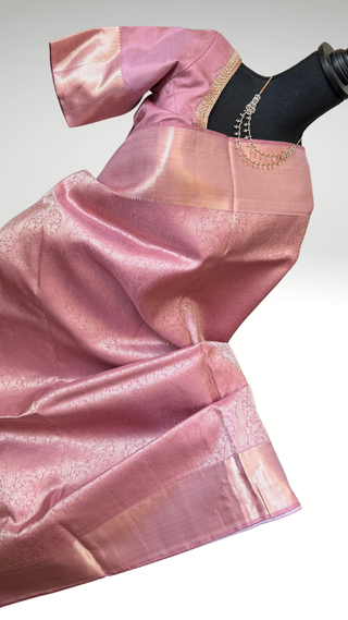 Pastel mauve silver zari kanjivaram silver zari with stitched blouse.