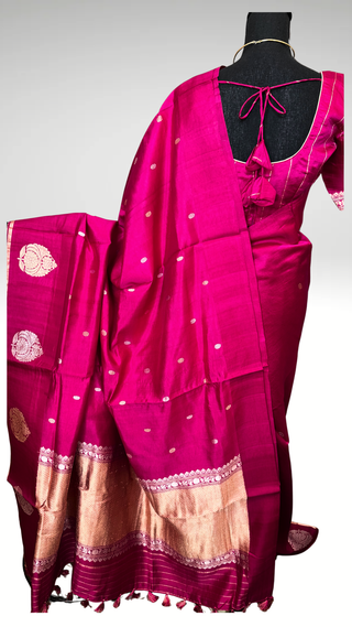 Pink Handloom Banaras raw mango silk Pure Silk Saree with Gold Zari Border – Ready to Wear Online USA