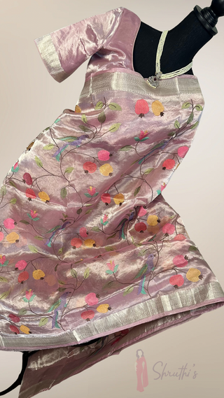 Pure Tissue Pink organza saree stitched blouse saree readymade online USA