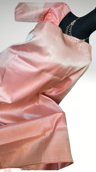Fine weave Handloom Pastel Pink Brocade kanjivaram silver zari with stitched blouse