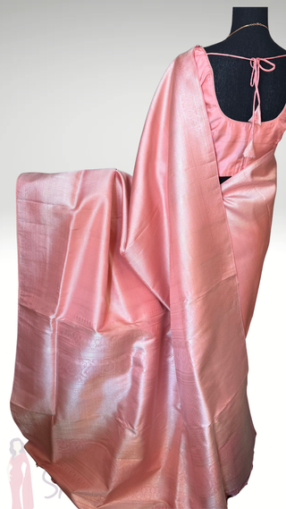 Fine weave Handloom Pastel Pink Brocade kanjivaram silver zari with stitched blouse