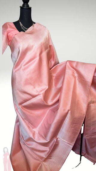 Fine weave Handloom Pastel Pink Brocade kanjivaram silver zari with stitched blouse