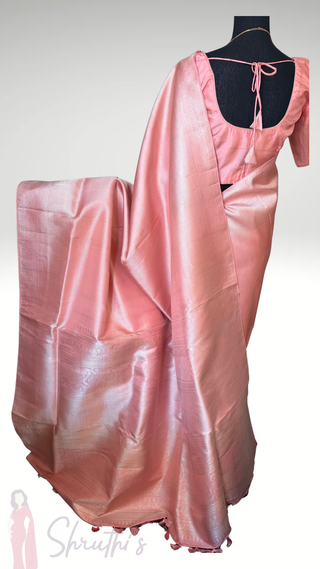 Fine weave Handloom Pastel Pink Brocade kanjivaram silver zari with stitched blouse