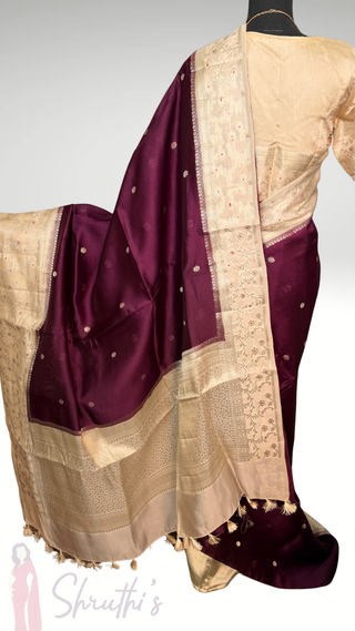 Burgundy Wine Red Handloom Banaras raw mango silk Pure Silk Saree with Gold Zari Border – Ready to Wear Online USA