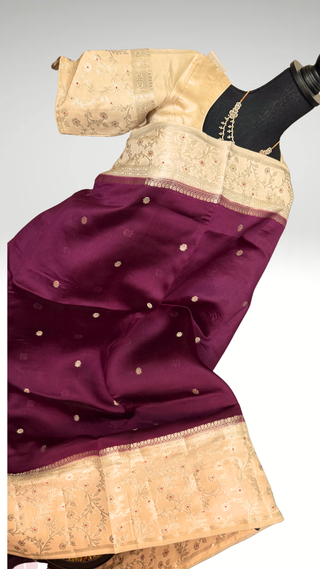 Burgundy Wine Red Handloom Banaras raw mango silk Pure Silk Saree with Gold Zari Border – Ready to Wear Online USA