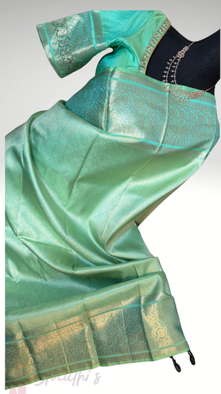 Brocade kanjivaram pastel spring green gold zari with stitched blouse traditional kanchi pattusaree saree Indian wedding