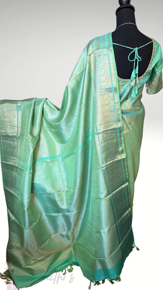 Brocade kanjivaram pastel spring green gold zari with stitched blouse traditional kanchi pattusaree saree Indian wedding