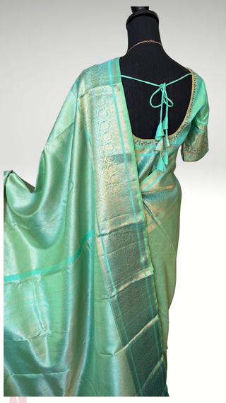 Brocade kanjivaram pastel spring green gold zari with stitched blouse traditional kanchi pattusaree saree Indian wedding