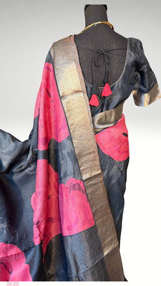 Black Tussar Beneras Katan saree with prestitched blouse