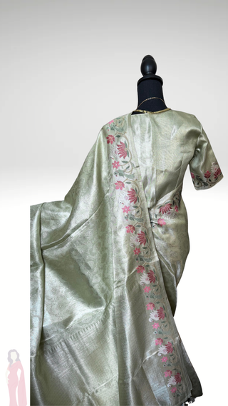 Pure silver zari silk brocade pastel green  silk pure embroidered silk handwoven