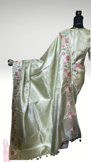 Pure silver zari silk brocade pastel green  silk pure embroidered silk handwoven