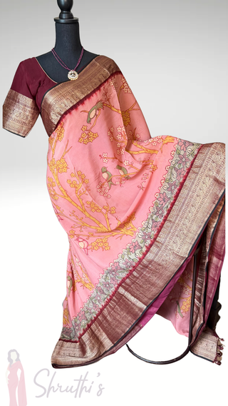 Pen Kalamkari Georgette antique Kanchi borders pattu saree with zari pallu easy drape pure silk saree usa