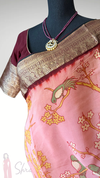 Pen Kalamkari Georgette antique Kanchi borders pattu saree with zari pallu easy drape pure silk saree usa