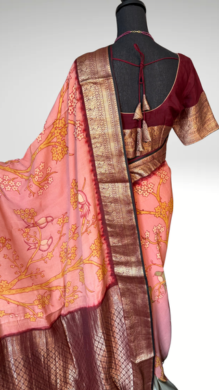 Pen Kalamkari Georgette antique Kanchi borders pattu saree with zari pallu easy drape pure silk saree usa