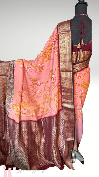 Pen Kalamkari Georgette antique Kanchi borders pattu saree with zari pallu easy drape pure silk saree usa