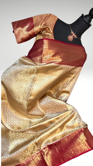 Gold Tissue Red Brocade Pure silk pattumuhurtam saree pure zari Kanjivaram silk saree with prestitched blouse embroidered blouse
