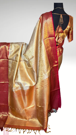 Gold Tissue Red Brocade Pure silk pattumuhurtam saree pure zari Kanjivaram silk saree with prestitched blouse embroidered blouse