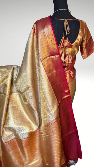 Gold Tissue Red Brocade Pure silk pattumuhurtam saree pure zari Kanjivaram silk saree with prestitched blouse embroidered blouse