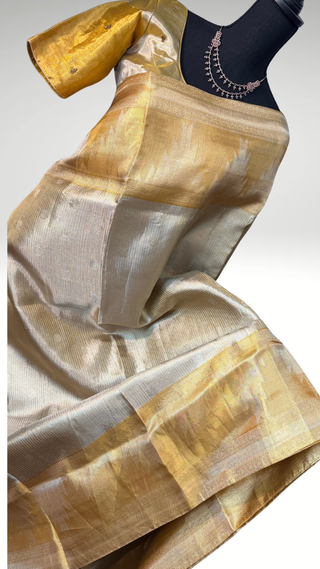 Gold Kanjivaram saree for bride tissue Kanchi Kora Pure zari silk saree with stitched  blouse online shopping usa