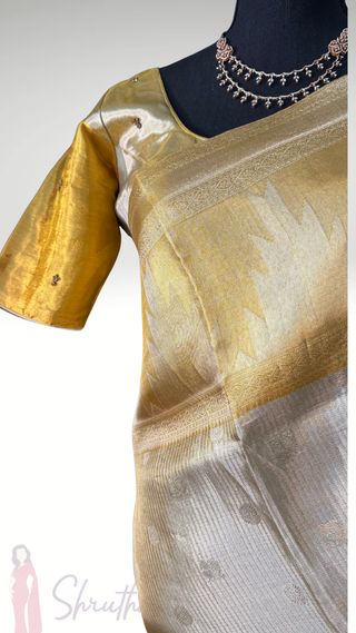 Gold Kanjivaram saree for bride tissue Kanchi Kora Pure zari silk saree with stitched  blouse online shopping usa