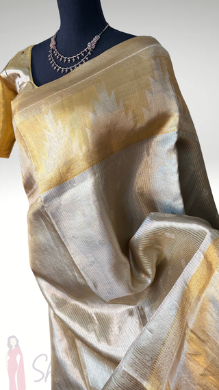 Gold Kanjivaram saree for bride tissue Kanchi Kora Pure zari silk saree with stitched  blouse online shopping usa