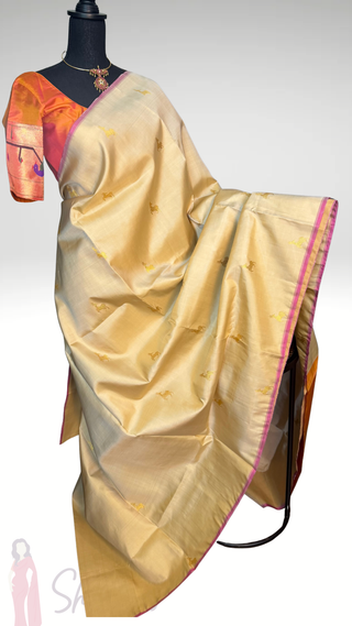 Bridal cream ven pattu saree orange pure zari kanjivaram silk saree with stitched blouse