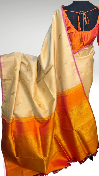 Bridal cream ven pattu saree orange pure zari kanjivaram silk saree with stitched blouse