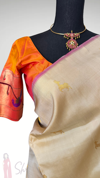 Bridal cream ven pattu saree orange pure zari kanjivaram silk saree with stitched blouse
