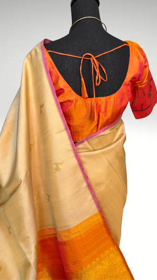Bridal cream ven pattu saree orange pure zari kanjivaram silk saree with stitched blouse